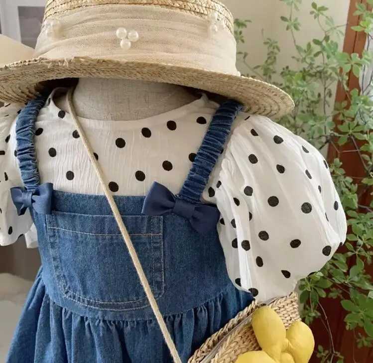 Clothing Sets Girls Summer Set 2023 New Polka Dot Puff Sleeves Short sleeved Top+Cowboy Bowband Dress 2-piece Clothing Set WX