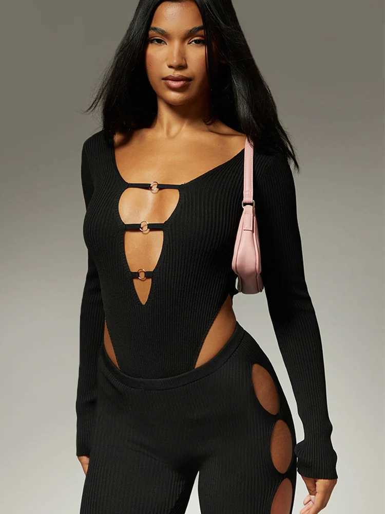 Women's Jumpsuits Rompers 2023 Sexy Knitted Ribbed One Piece Overalls Women Bodysuit Long Slve Dp V-Neck Jumpsuit Woman Rompers Party Club Tops B