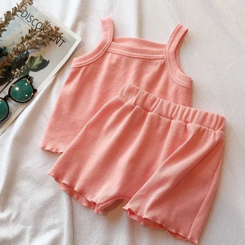 Clothing Sets 2 pieces/set of childrens clothing girl/boy sleeveless top+pants summer clothing solid color girl clothing set boy vest childrens pajama
