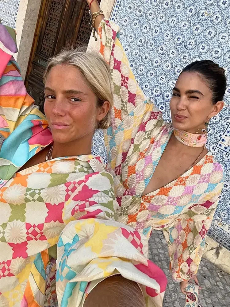 Colorful Geometric Patterns Printed Shirt Drawstring Cargo Pants Set Long Sleeve Tops Trousers Women Suit Female Casual Outfits 240514