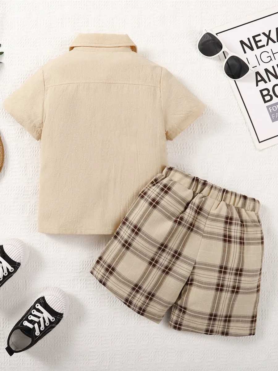 Clothing Sets 2PCS childrens mens clothing set short sleeved solid color shirt with bow and shorts fashionable mens clothing suitable for children age
