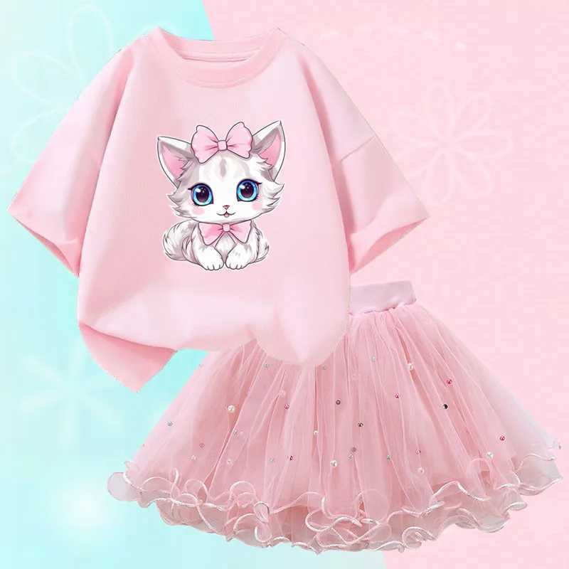 Clothing Sets Summer Little Girl Clothing Cute Cat T-shirt and Mesh Tutu Ski Two Piece Fashion Korean Childrens Clothing Set 3-14 Years WX