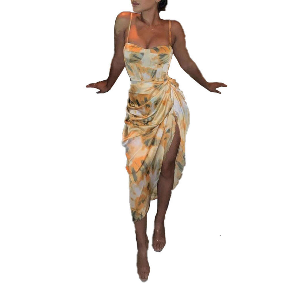 2024 Summer Women's New Fresh Printed Hanging Straps High Waist Low Chest Sexy Dress F51730