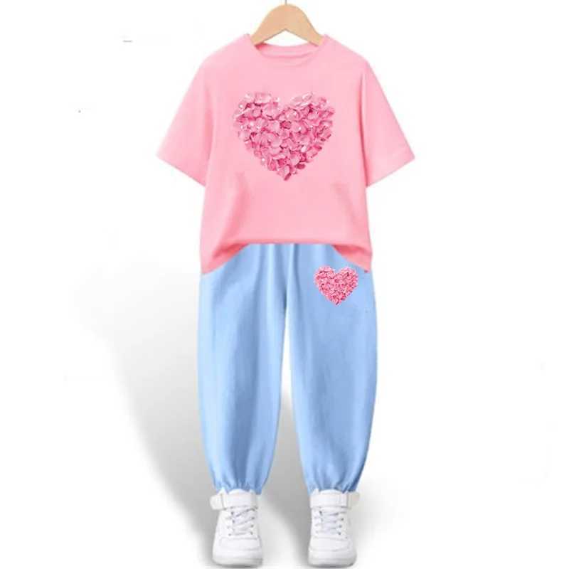 Clothing Sets 2 cute cat short sleeved childrens T-shirts and pants set for girls cotton childrens clothing set for summer childrens clothing WX