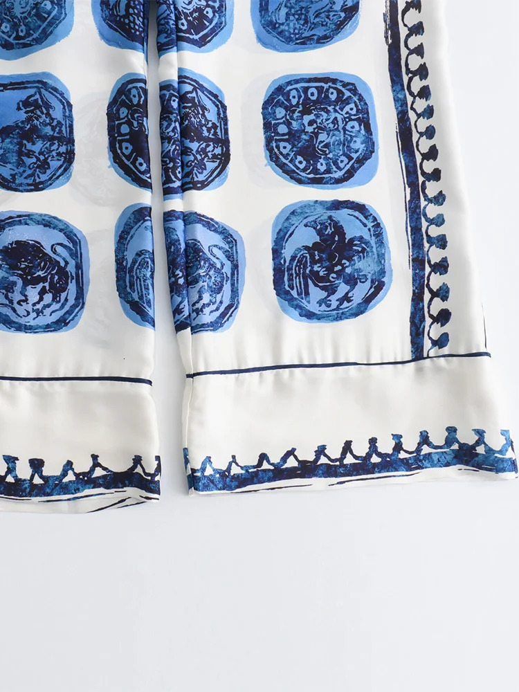 Two Piece Set For Women Outfit Spring Vintage Print Pant Sets Notched Lapel Shirt And Straight Leg Trousers Co Ord 240514