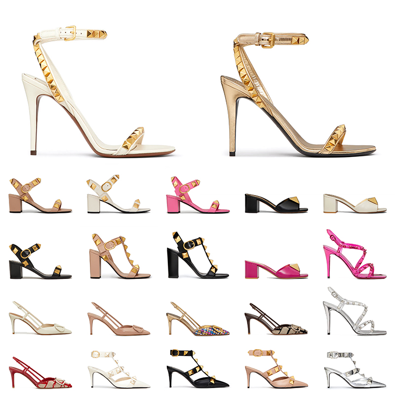With Box Fashion Designer High Heels Sandals Luxury Women Slingback heel Ladies Rivet Studded Leather Pumps Sandale Silver Nude Black White Pink Loafers Dress Shoes