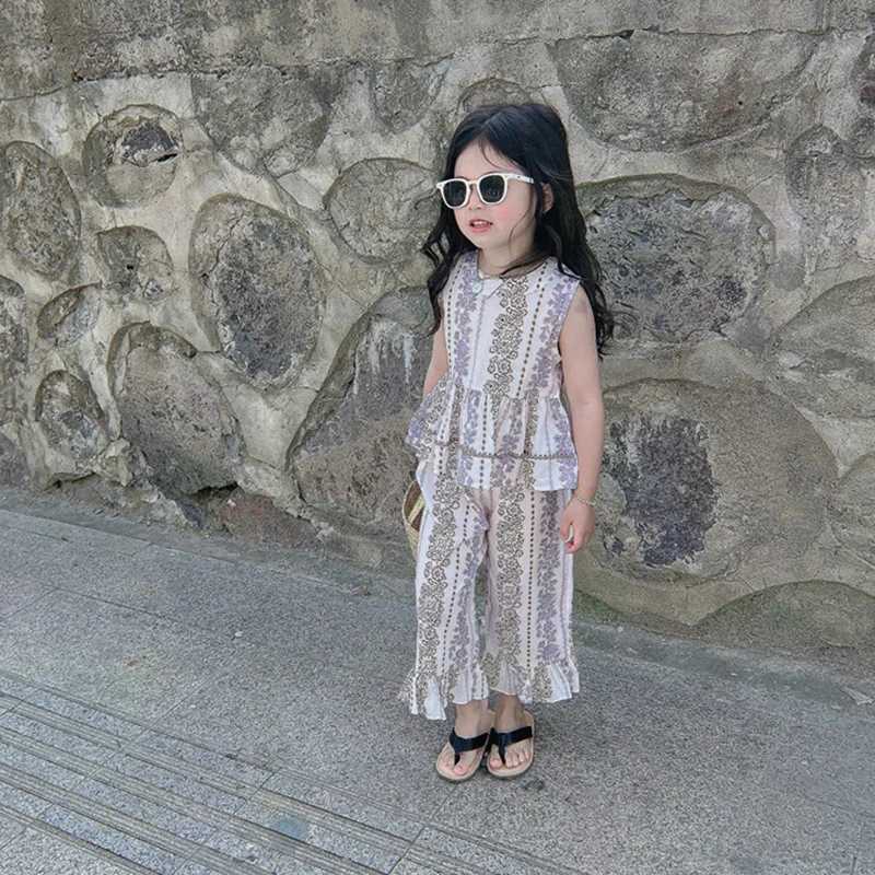 Clothing Sets Girls Fashion Two Piece Summer Girls Printed Ruffled Tank Top+Cool Nine Cent Pants Skin Friendly Holiday Style Beach Set WX