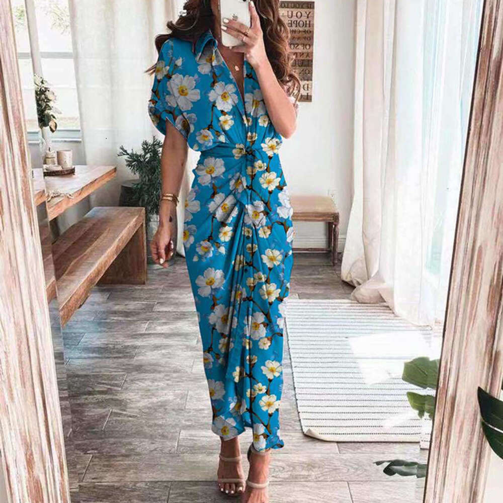 2024 Women's Summer New Short sleeved Temperament Commuting High Waist Printed Long Dress F51735