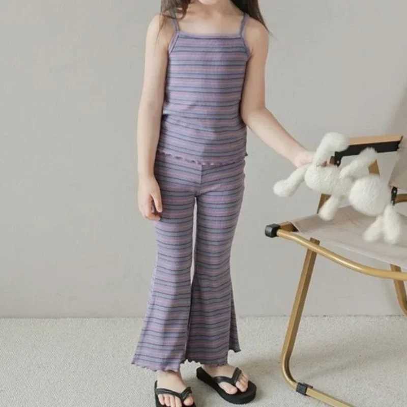 Clothing Sets Baby Girls Set 2024 Tops+Pants Summer Set Ice Silk Thin Childrens Striped Tank Top Bell Pants Two Piece Set WX