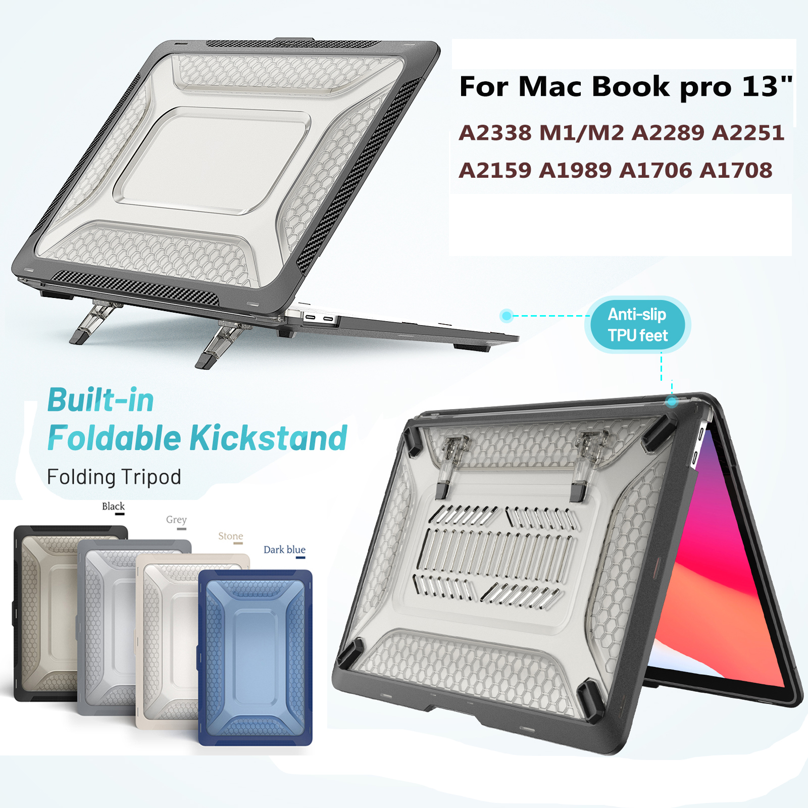 For Macbook Pro 13 inch Laptop Replace Protective Cases Mac Book M1 M2 13" Shockproof Fold Kickstand Cover Rugged Honeycomb Hard Shell with TPU B