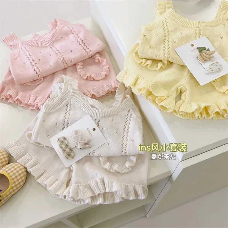 Clothing Sets Baby Girls Summer Set 2024 New Solid Color Knitted Ruffled Sleeveless Top+Shorts WX1462
