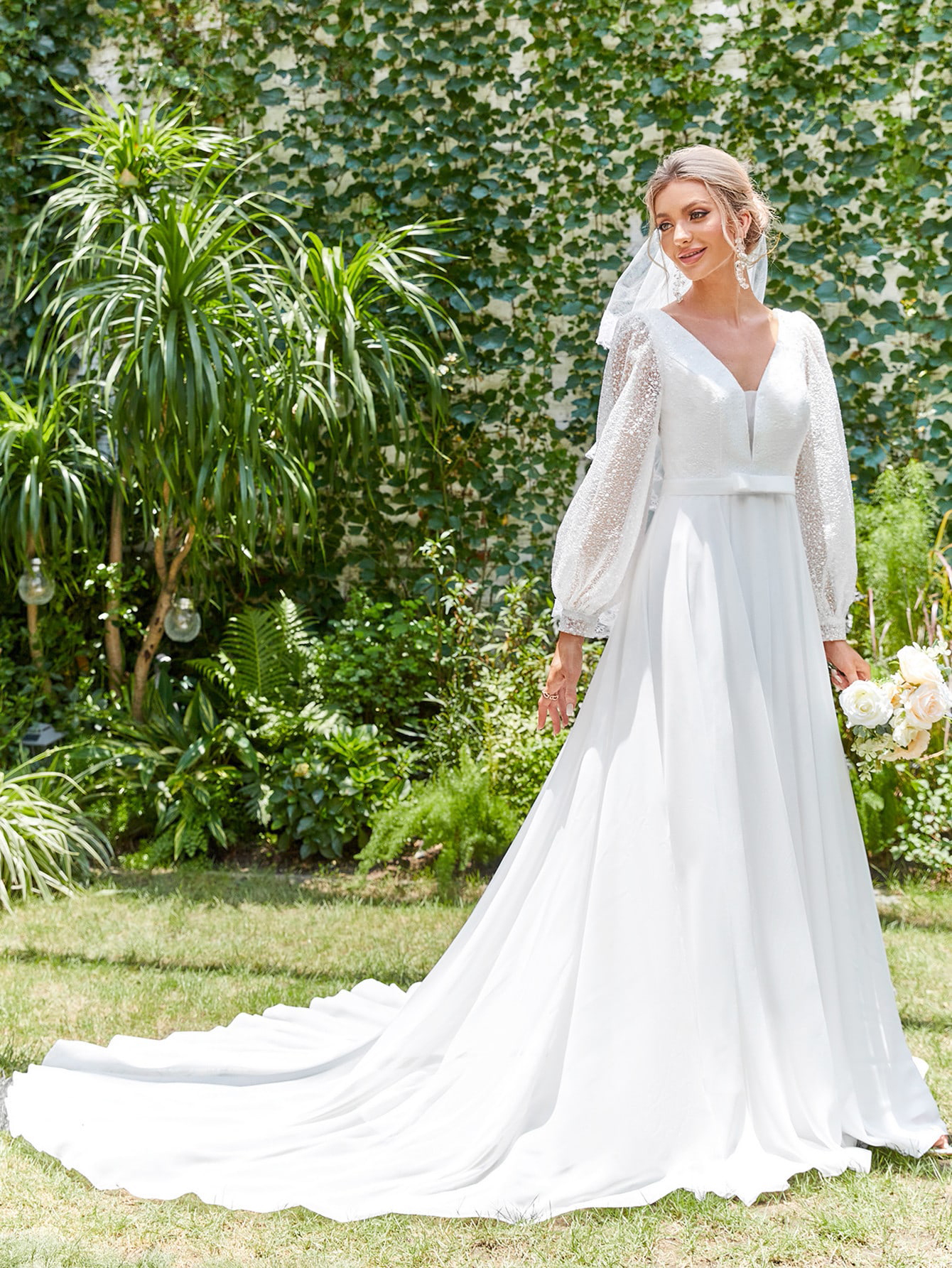 Vintage V Neck Long Sleeve Garden Wedding Dresses A Line Bridal Gown with Belt Bow Beading Sequin Chiffon Boho robe de mariage