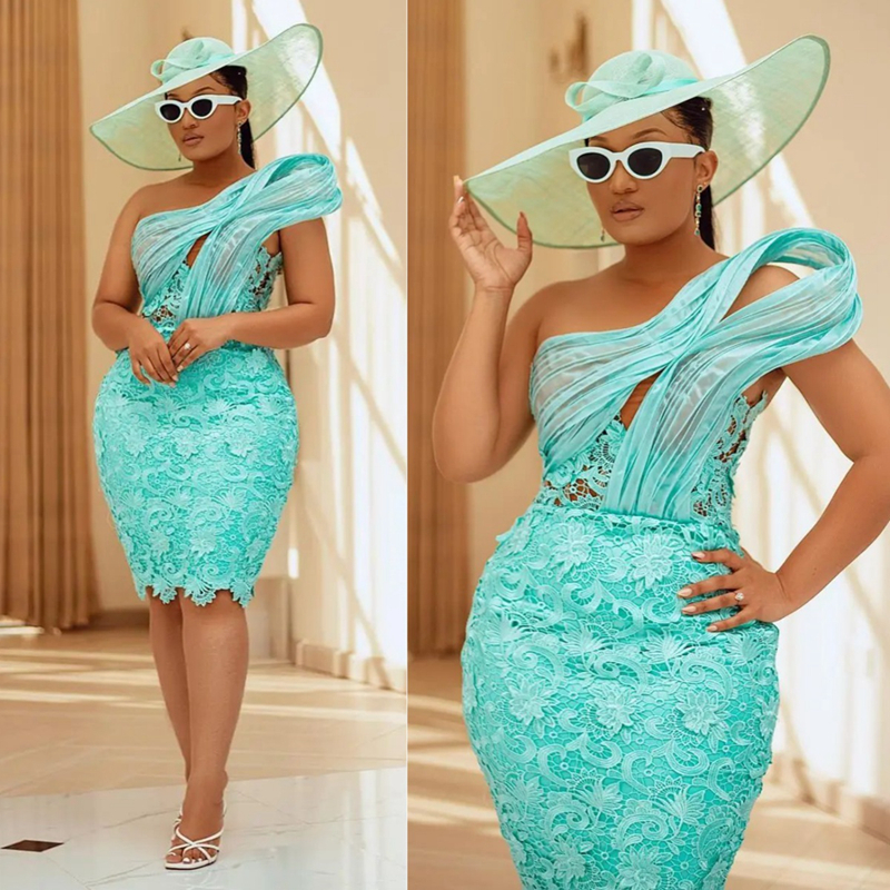Mint Elegant Cocktail Dresses for Women Short Prom Dress Lace Decorated Knee Length Birthday Party Dress for African Black Girls C136