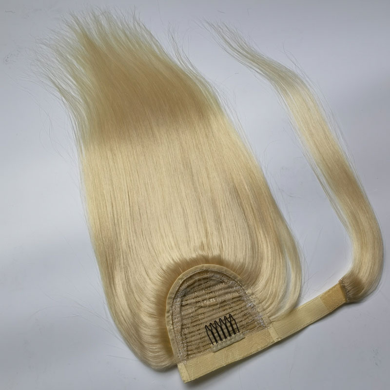 Brazilian Human Hair Ponytails Magic Sticker Straight Hook & Loop Ponytail Peruvian Indian 613# Blonde Color 10-28inch