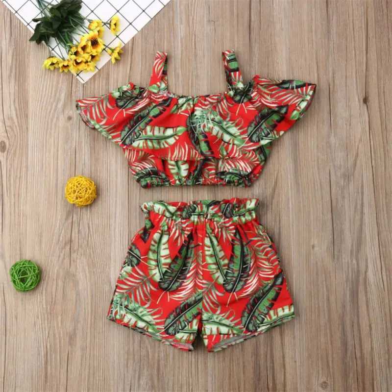 Clothing Sets The latest fashion summer baby girl clothing with shoulder pleats and sling crop tops and shorts 2PCS clothing WX