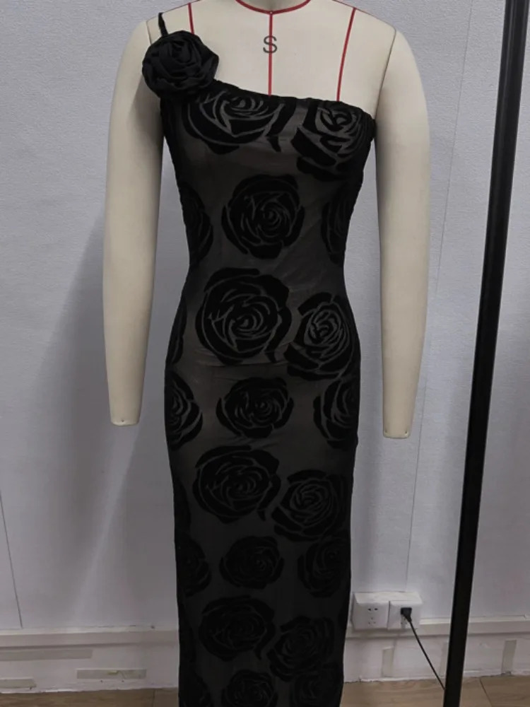 Black Velvet Flower Maxi Dress Women Sexy Semi Sheer Mesh Lined Backless Slim Formal Birthday Evening Party Dresses Summer 240517