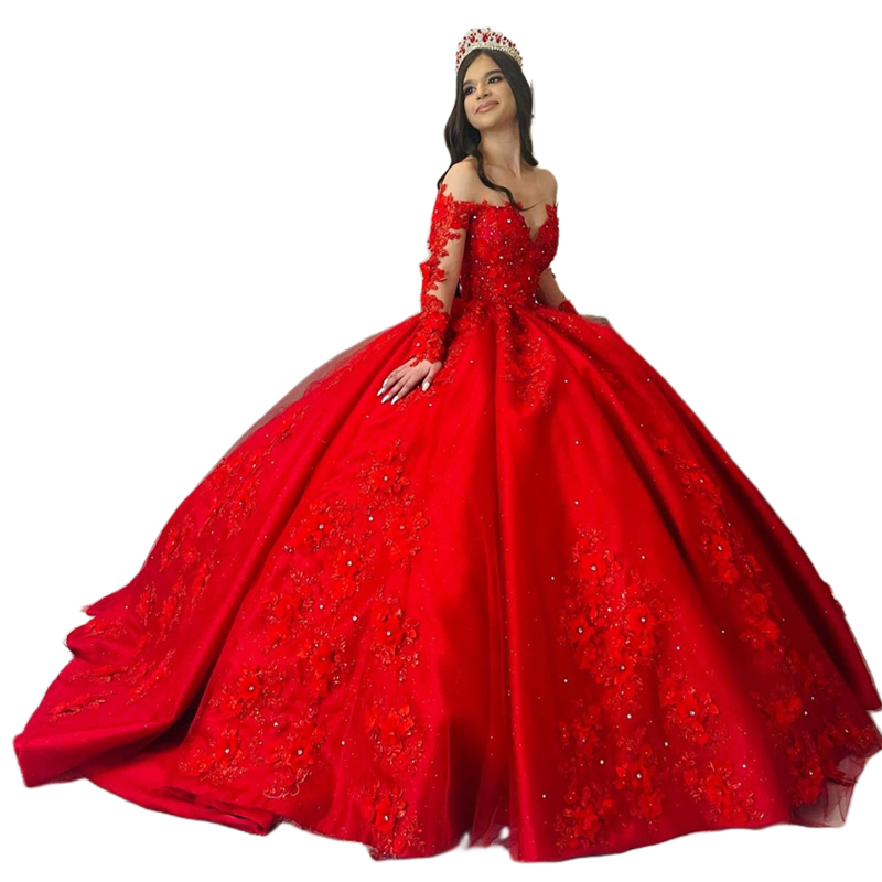Red Long Sleeves Ball Gown Quinceanera Dresses 3D Floral Appliques Crystals Beaded Satin Princess Prom Dress Sweet 16 Birthday Party Ball Gown