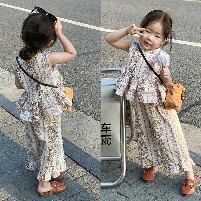 Clothing Sets Girls Fashion Two Piece Summer Girls Printed Ruffled Tank Top+Cool Nine Cent Pants Skin Friendly Holiday Style Beach Set WX