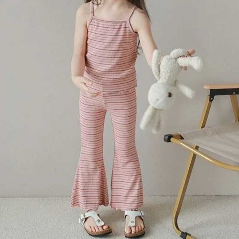 Clothing Sets Baby Girls Set 2024 Tops+Pants Summer Set Ice Silk Thin Childrens Striped Tank Top Bell Pants Two Piece Set WX