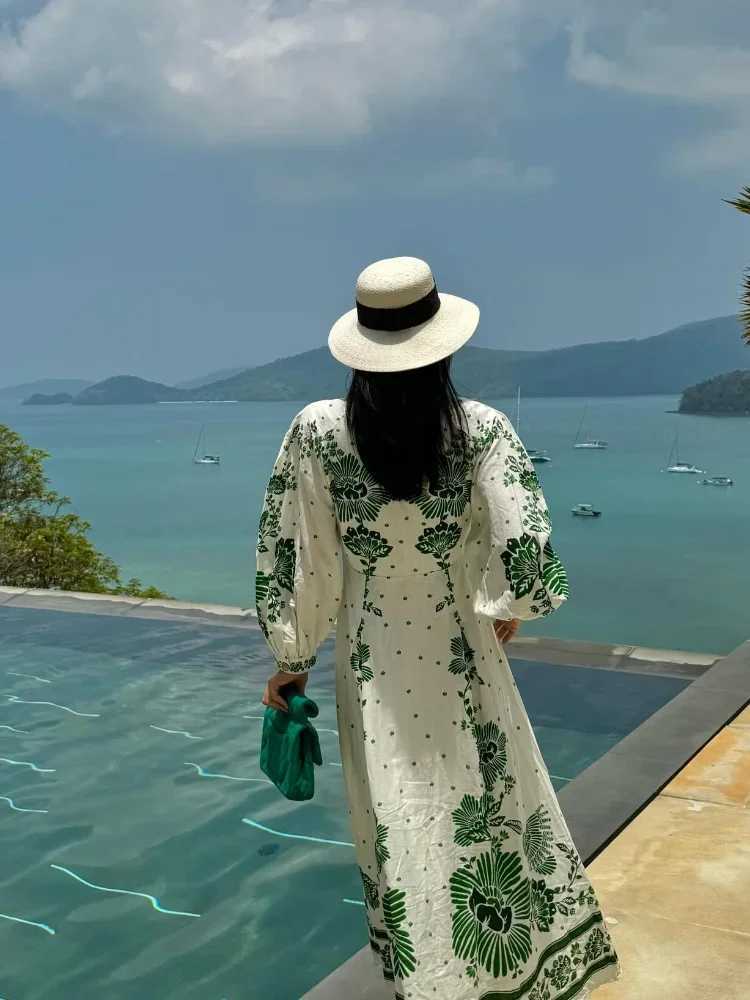 Basic Casual Dresses Fashion Print Single Breast Maxi Dress For Women V Neck Long Lantern Slve Loose Robes 2024 New Female Holiday Vestidos Y240515