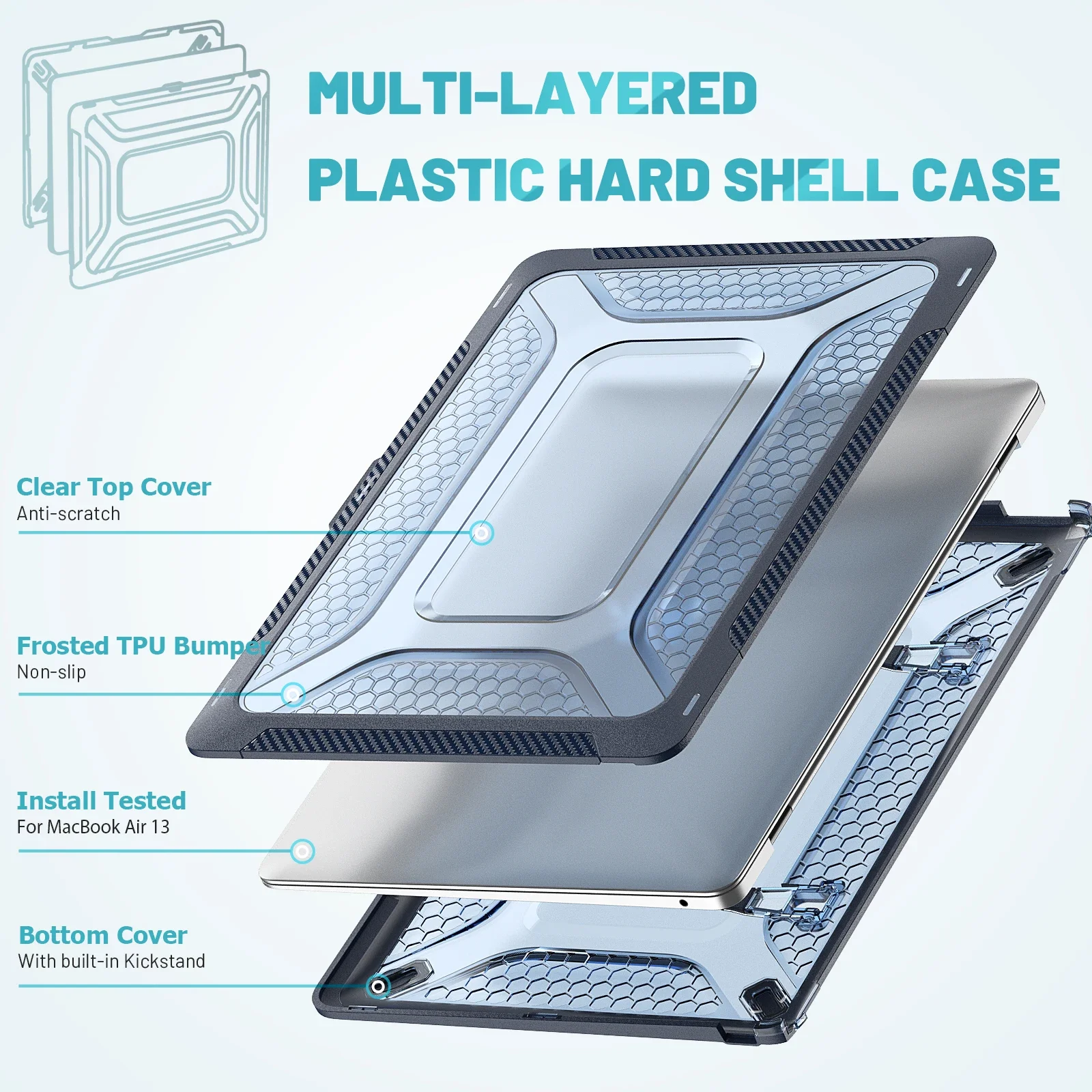 For Macbook Pro 13 inch Laptop Replace Protective Cases Mac Book M1 M2 13" Shockproof Fold Kickstand Cover Rugged Honeycomb Hard Shell with TPU B