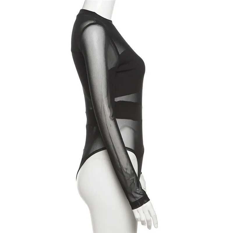 Women's Jumpsuits Rompers AVV Patchwork Mesh Women Bodysuits 2023 Long Slve S-through O Collar Slim Black Basic Bodycon Overalls Leotard Tops Y24