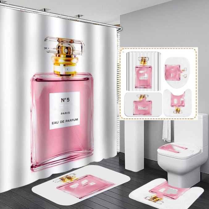 All-match Letter Printed Shower Curtains Set Designer Carpet 4 Piece Set Toilet Seat Cover Floor Mat Bathroom Non Slip Mats Sets S25526