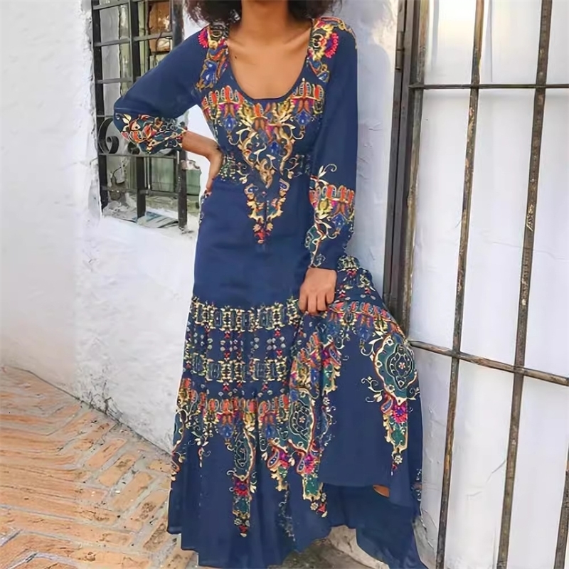 Womens Plus Tribal Print Long Sleeve Scoop Neck High Stretch Maxi Dress 240429