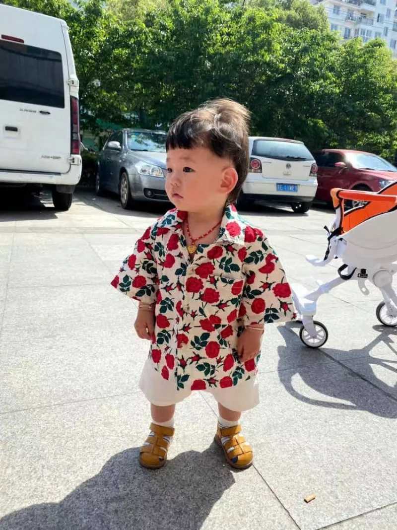 Clothing Sets 2-9T childrens and boys clothing floral pattern boy shirt+short 2-piece clothing boy summer party birthday handsome clothing WX