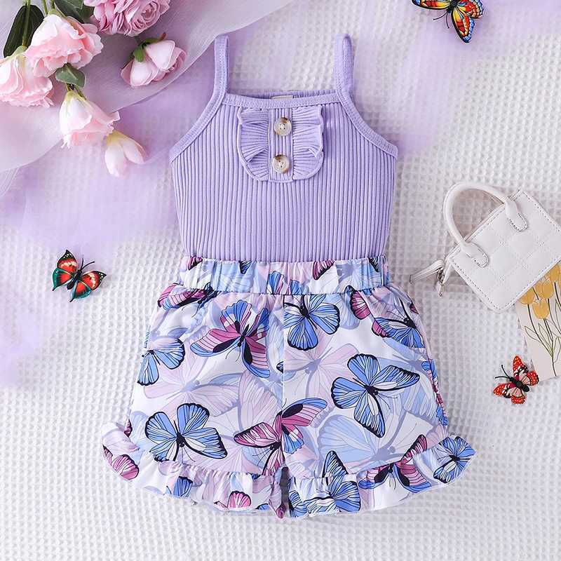 Clothing Sets 1-6-year-old sleeveless purple vest butterfly printed shorts childrens baby fashion clothing set WX