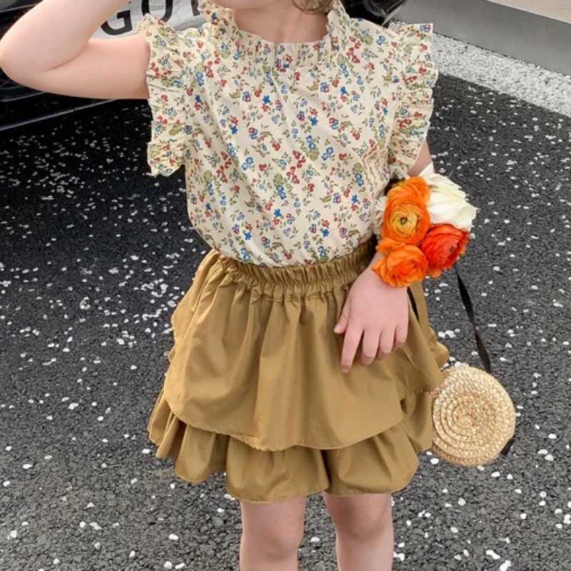 Clothing Sets 2PC Childrens and Girls Summer Set 2024 New Childrens Summer Dress Baby Girl Top+Two Piece Set WX