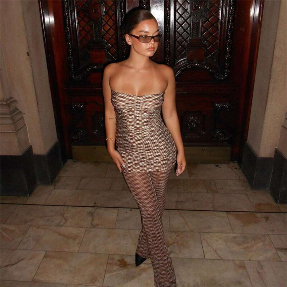 2024 Summer New Bra Two piece Fashion Slim Fit Striped Short Skirt Long Pants Women's Set F51748
