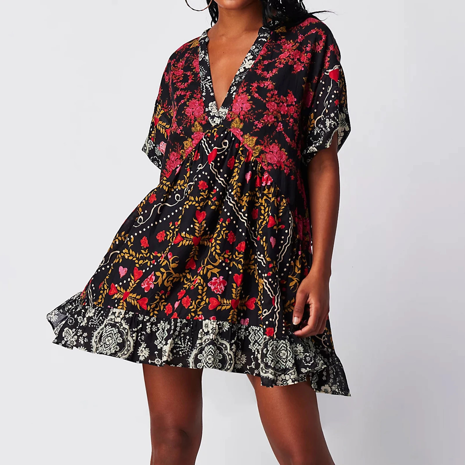 Womens Summer Fairycore Grunge Dress Bohemian Floral Print Short Sleeve VNeck Flowy Sundress Beachwear 240514