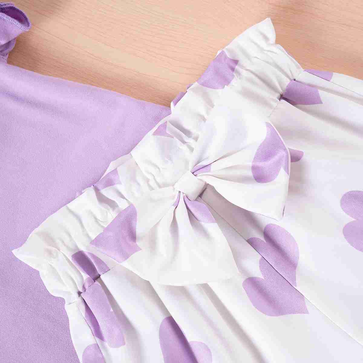 Clothing Sets Girls summer pleated clothing set girls solid color heart-shaped pattern flying sleeve short sleeved T-shirt set childrens shorts casual