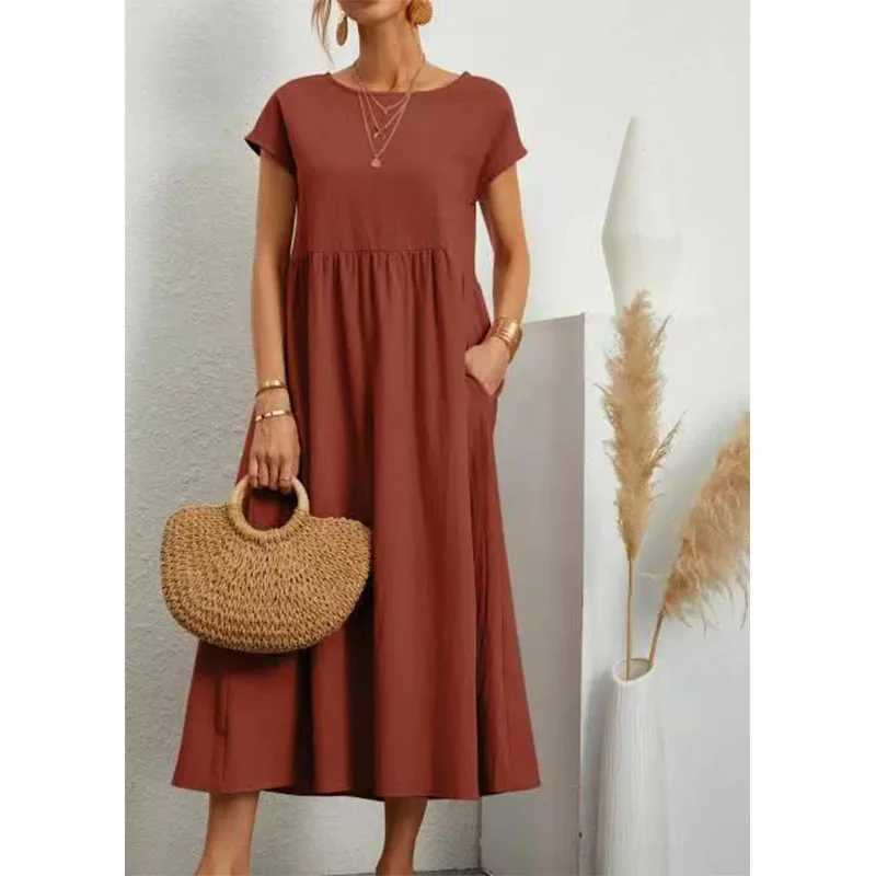 Basic Casual Dresses Solid Color Casual Loose Summer Long Dresses For Women 2023 Trendy Elegant Vintage Womens Plus Size Short Slve O-Neck Dress Y2405