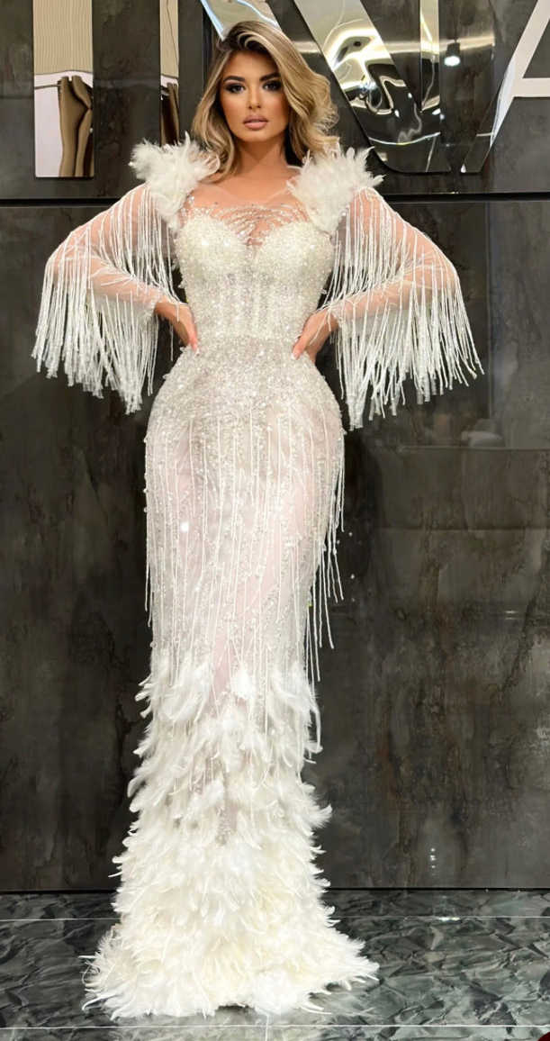 Gorgeous Mermaid Wedding Dresses Feathers Sequins Tassels Lines Long Sleeves Floor Length Custom Made Plus Size Bridal Gown Vestidos De Novia