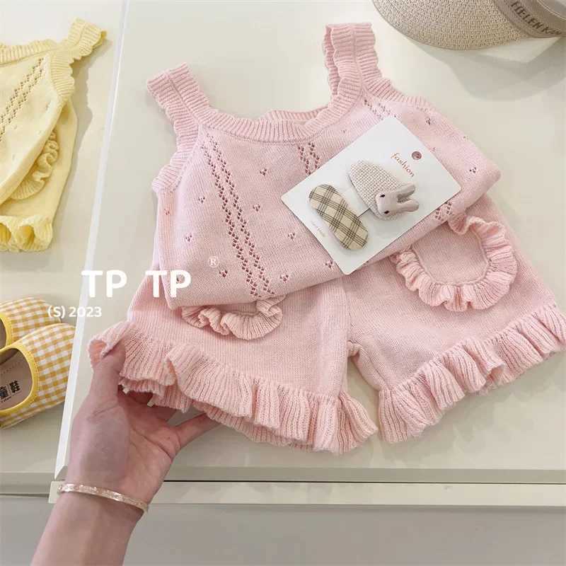 Clothing Sets Baby Girls Summer Set 2024 New Solid Color Knitted Ruffled Sleeveless Top+Shorts WX1462