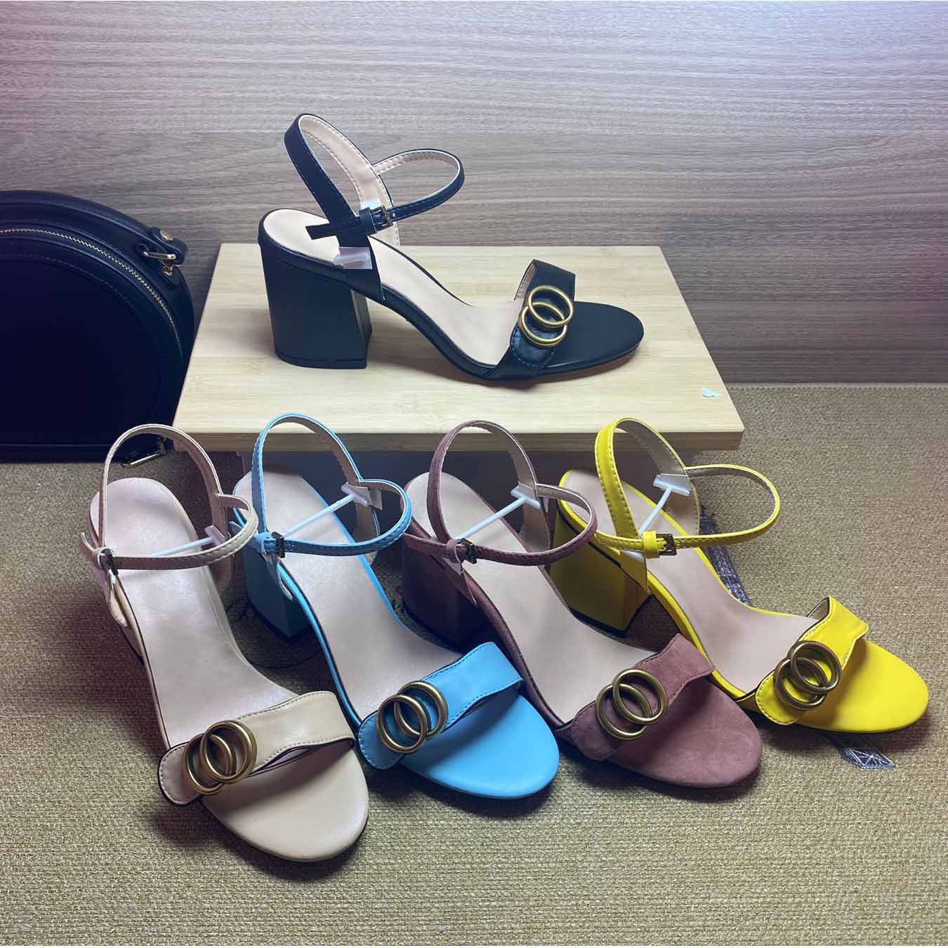 High heeled sandals designer SHoes womens Dress sandal fashion 100% leather Dance shoe heels Suede Lady Metal Belt buckle Thick Heel Woman shoes size 34-41-42 With box
