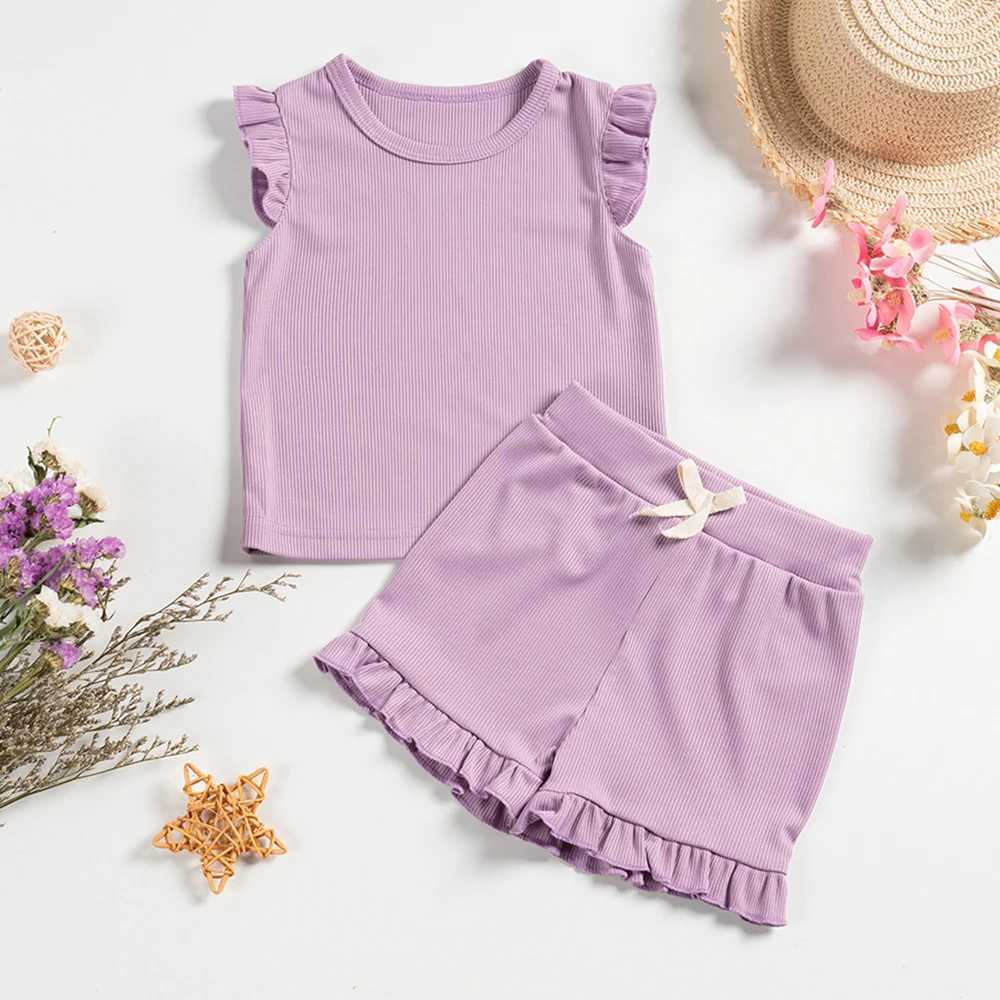 Clothing Sets Summer Girls Clothing Set 2-piece Flight Sleeves T-shirts Ruffled Shorts T-shirts Set Preschool Girls Clothing Set Pajamas Childrens Clo