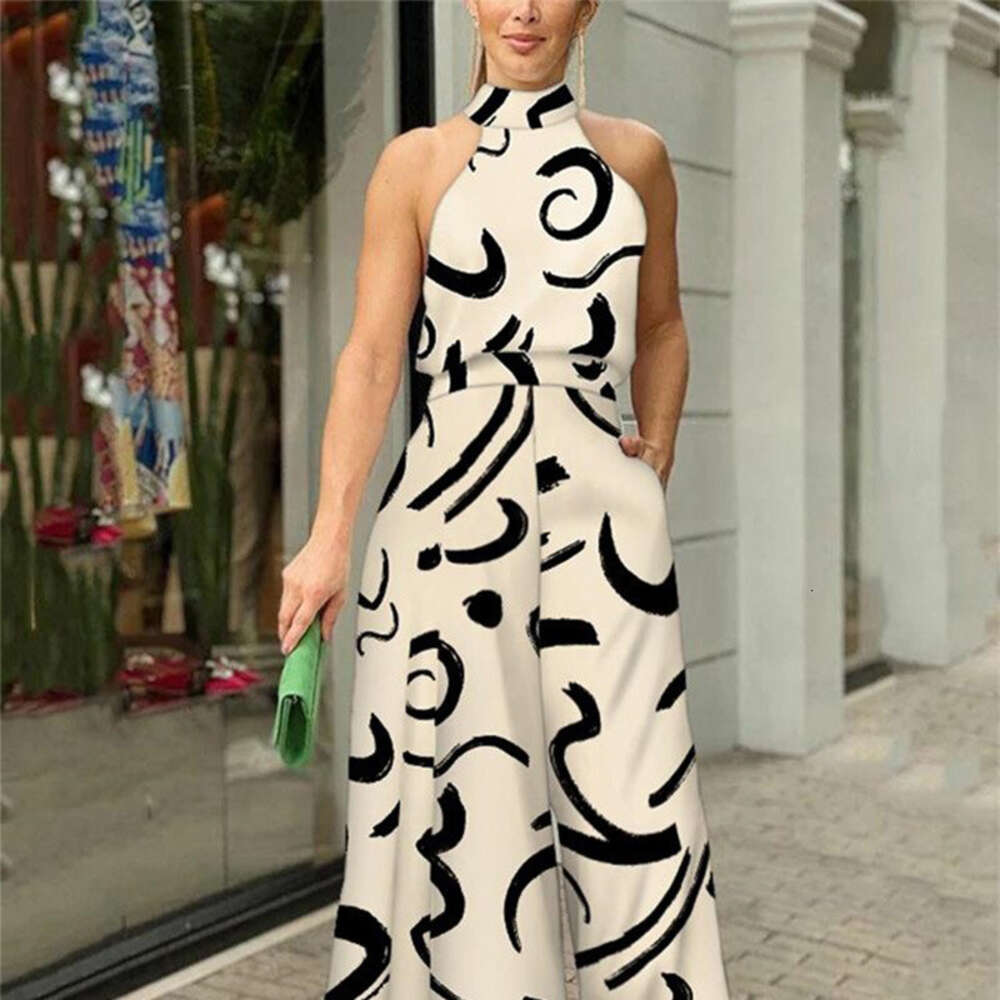 2024 Summer Women's Instagram New Fashionable Round Neck Tie up Slim Fit Printed jumpsuit F51736