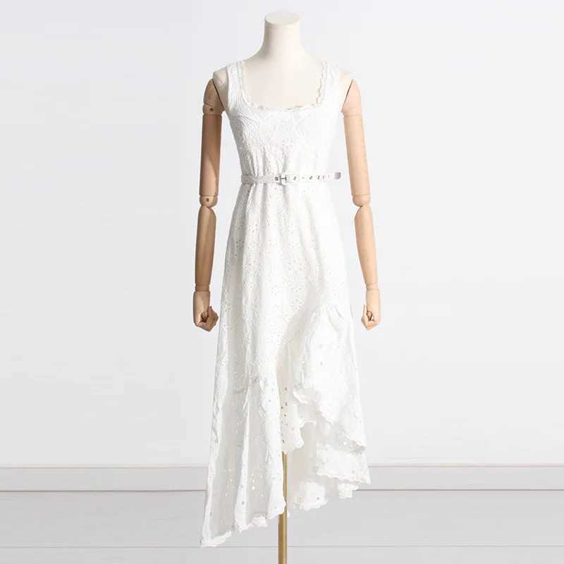 Basic Casual Dresses Slim Embroidery Dresses For Women Square Collar Slveless High Waist Backless Print Dress Female Fashion 2024 New Y240515