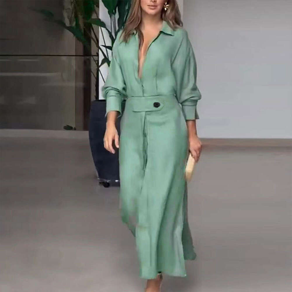 2024 Summer New Style Women's Commuter Lace up Solid Color Waist Long Sleeve Irregular Shirt Dress F51738