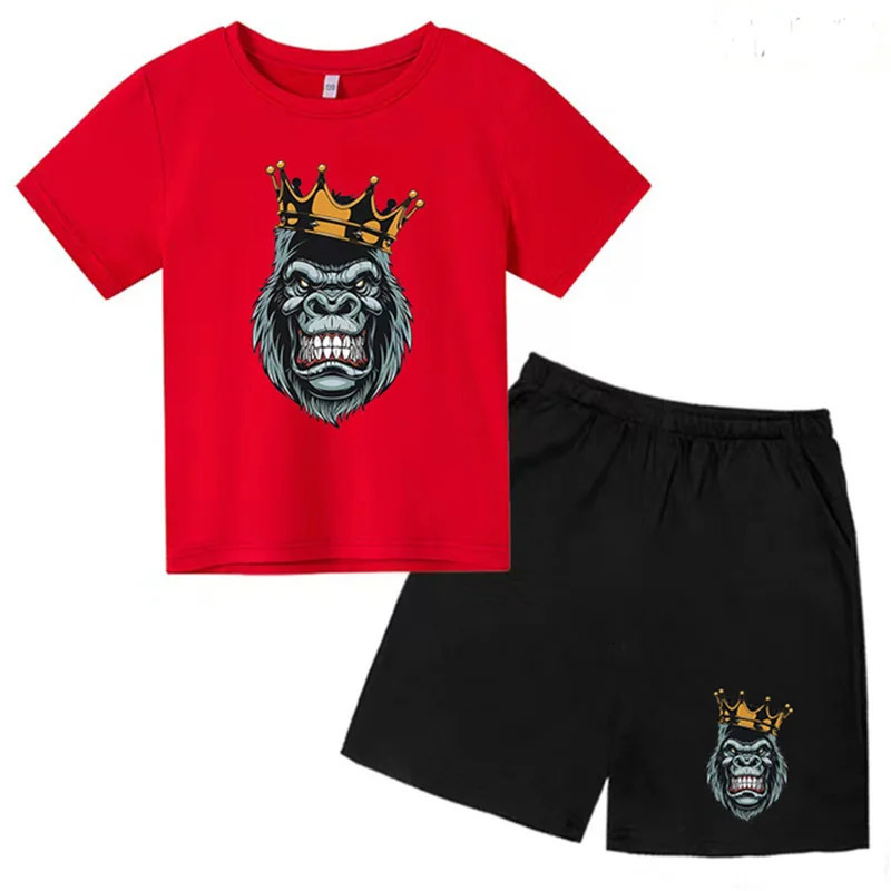Kids Summer Short Sleeve T-shirt Boys Girls Toddlers 3-12Y Animal Gorilla Top Shorts 2P Cute Fun Pretty Girl Clothes Casual Set 240517