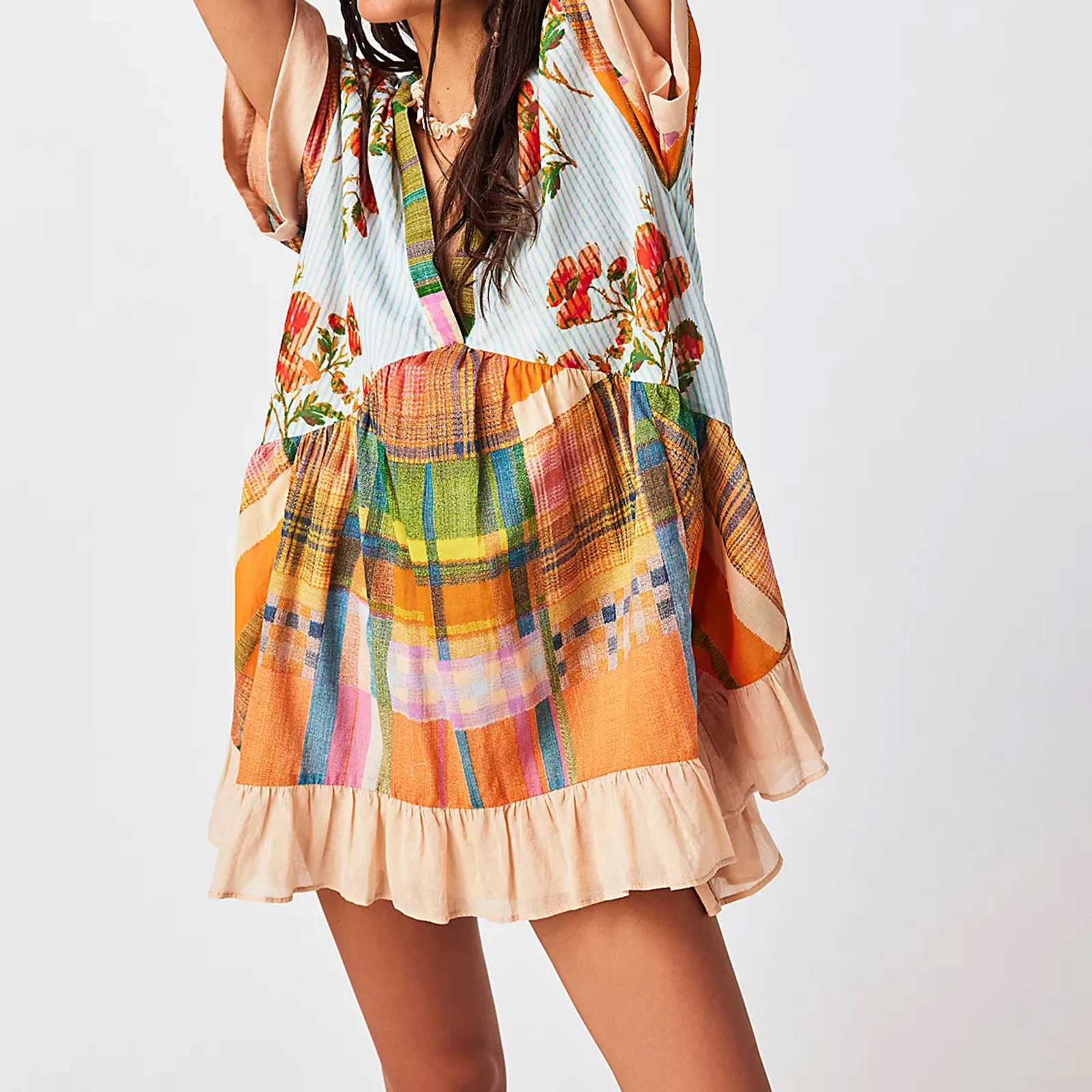 Womens Summer Fairycore Grunge Dress Bohemian Floral Print Short Sleeve VNeck Flowy Sundress Beachwear 240514