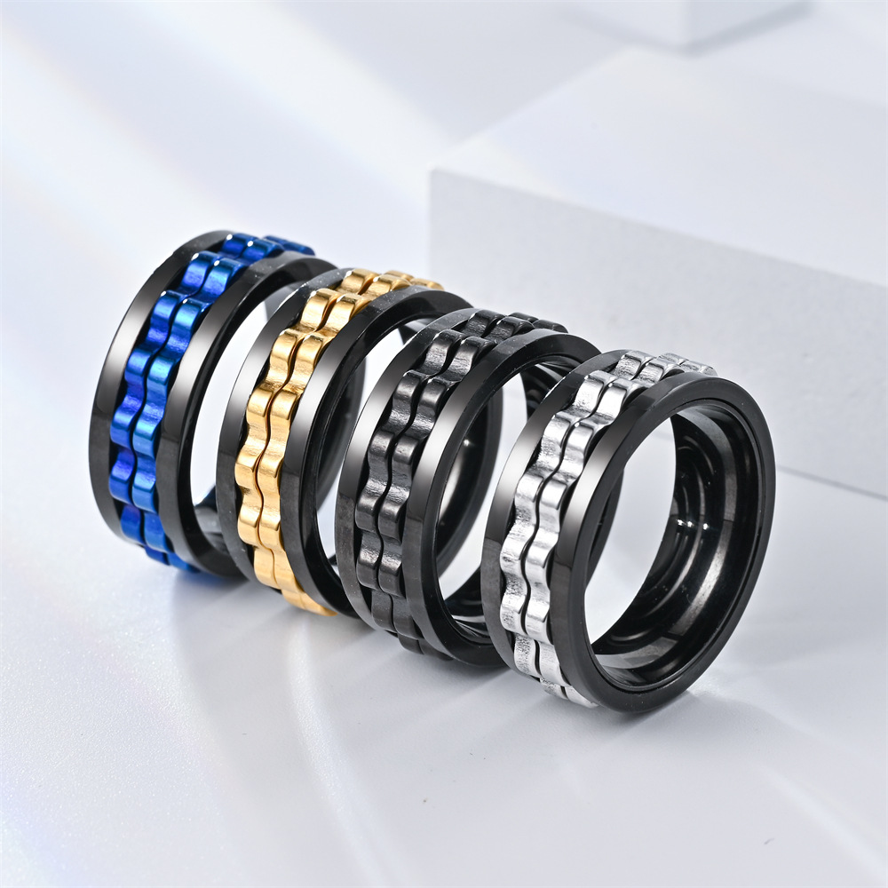 Gold Black Stainless Steel Anti-anxiety Gear Ring Band Mechanical Motorcycle Rotatable Spin Rings for Men Punk Charm Fashion Designer Jewelry Gift