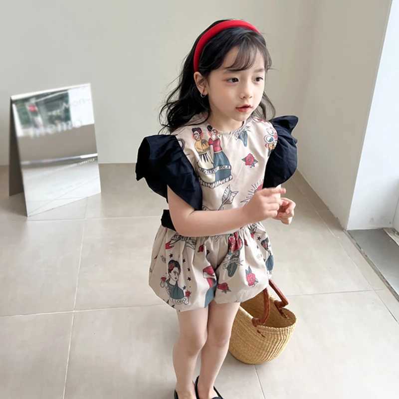 Clothing Sets Ruffled design girl sleeveless shirt and shorts set vacation style beach set round neck childrens girl fashion two-piece set WX