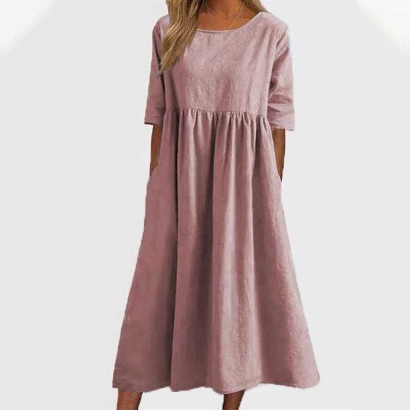 Basic Casual Dresses Solid Color Casual Loose Summer Long Dresses For Women 2023 Vintage Trendy Elegant Pretty Womens A-Line O-Neck Plus Size Dress Y2