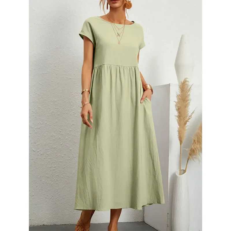 Basic Casual Dresses Solid Color Casual Loose Summer Long Dresses For Women 2023 Trendy Elegant Vintage Womens Plus Size Short Slve O-Neck Dress Y2405