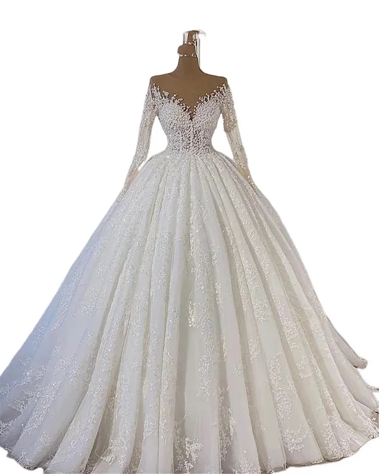 Beaded Long Sleeves Wedding Dresses Scoop Illusion Princess Appliques Bridal Gowns Robe De Mariage Ball Gown Vestido De Novia 6660312