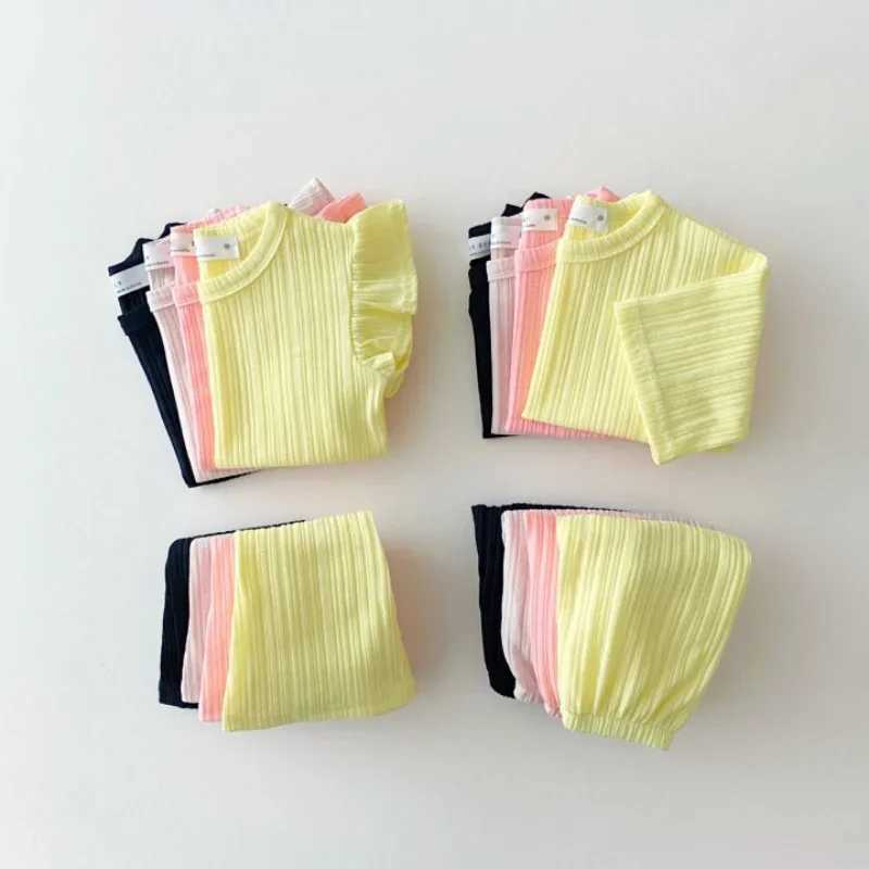 Clothing Sets 6535B Korean Childrens Clothing Set Summer Cool Thin Flight Sleeves Girl Set T-shirt+Bell Bottom Fashion Princess Set WX